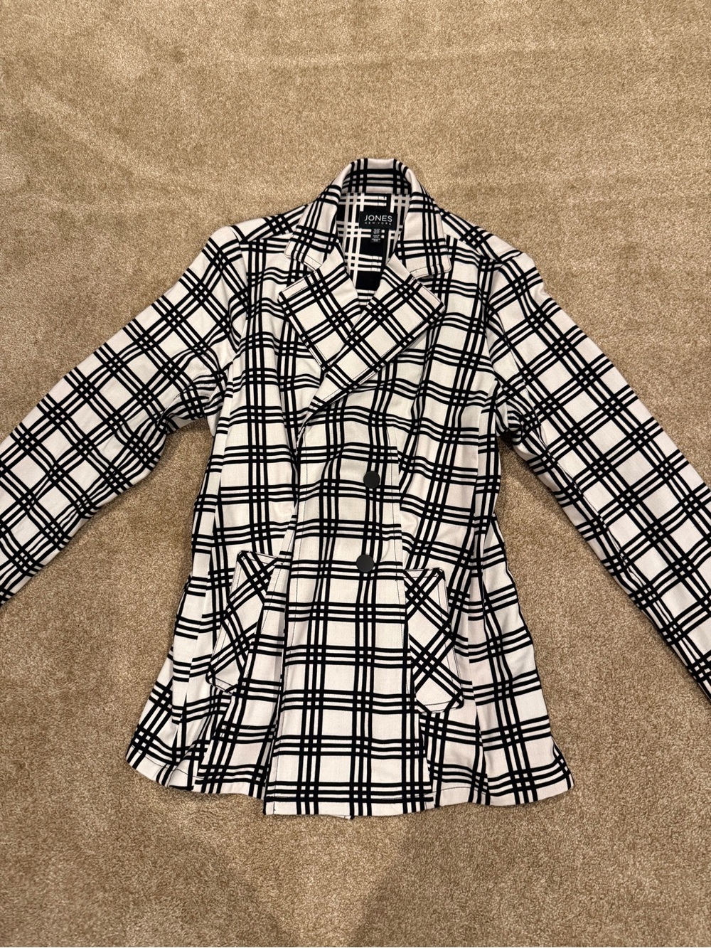 Jones New York Black and White Plaid Double-Breasted Pea Coat